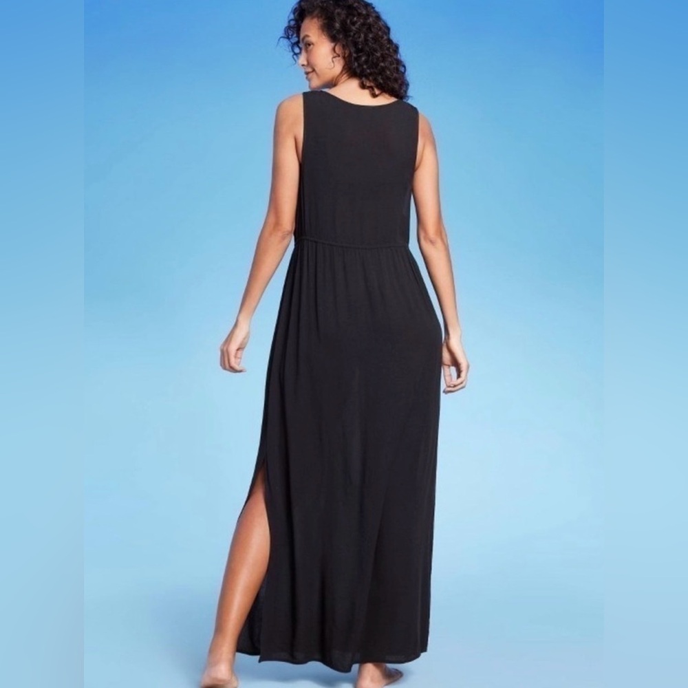 Kona Sol Black Sleeveless Open Front Swim Coverup Maxi w/ Drawstring Waist, L/XL - Picture 2 of 9